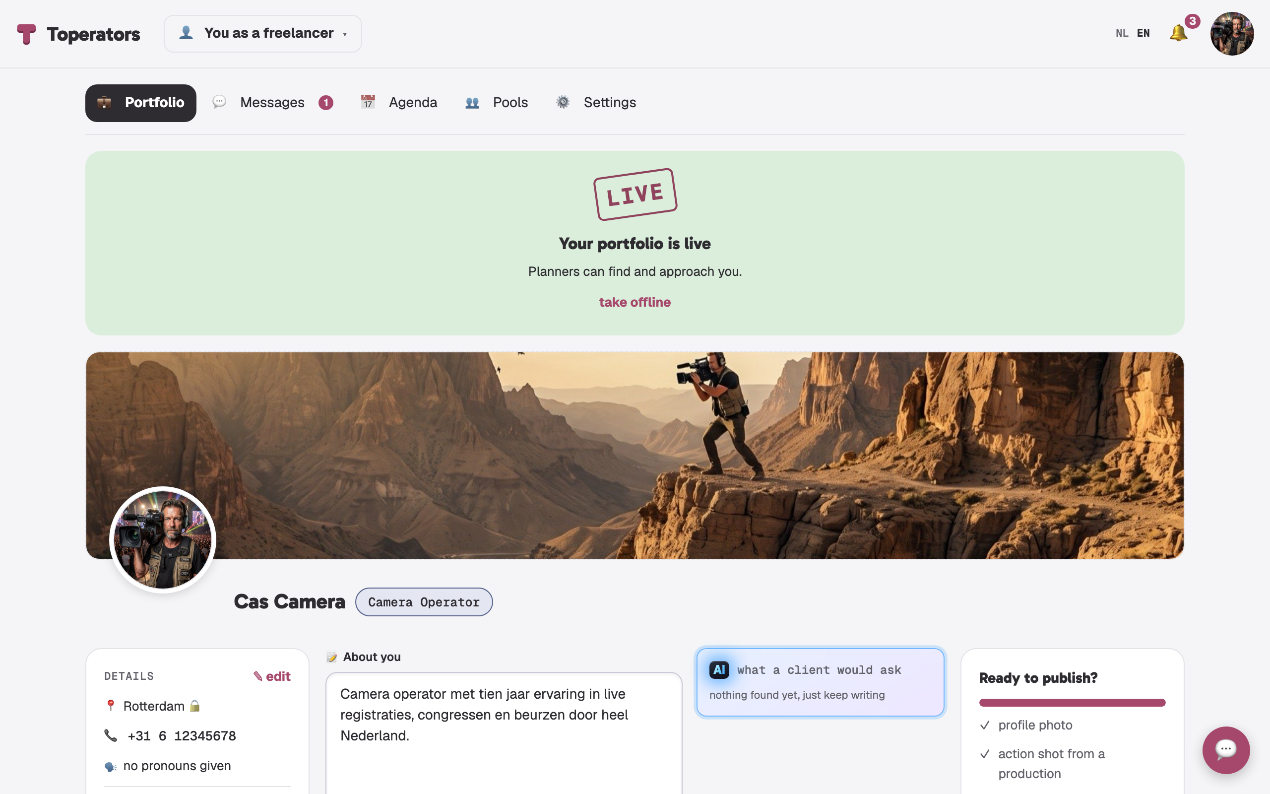 A freelancer's portfolio with photo, skills and story