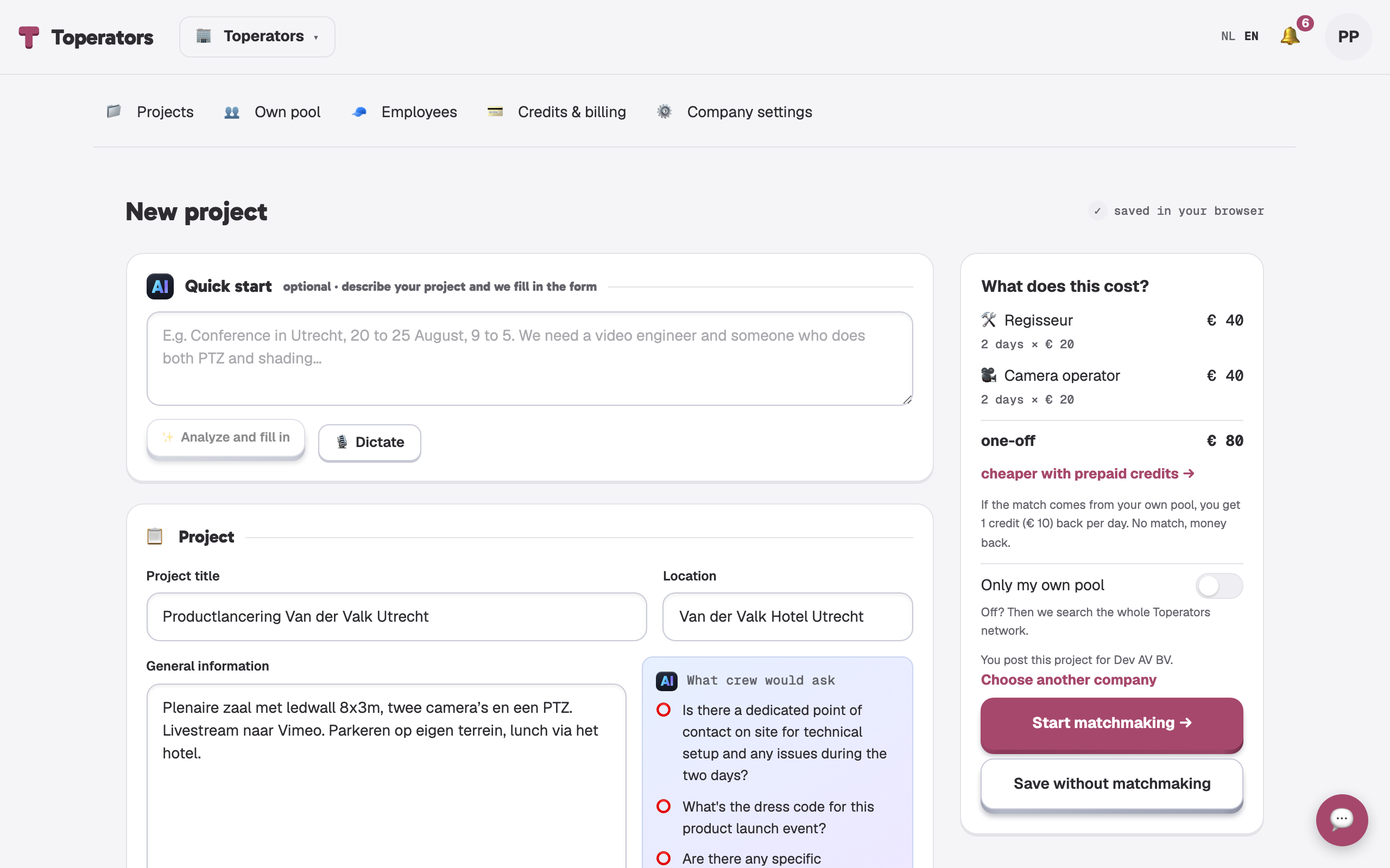 The project form with days, functions and price
