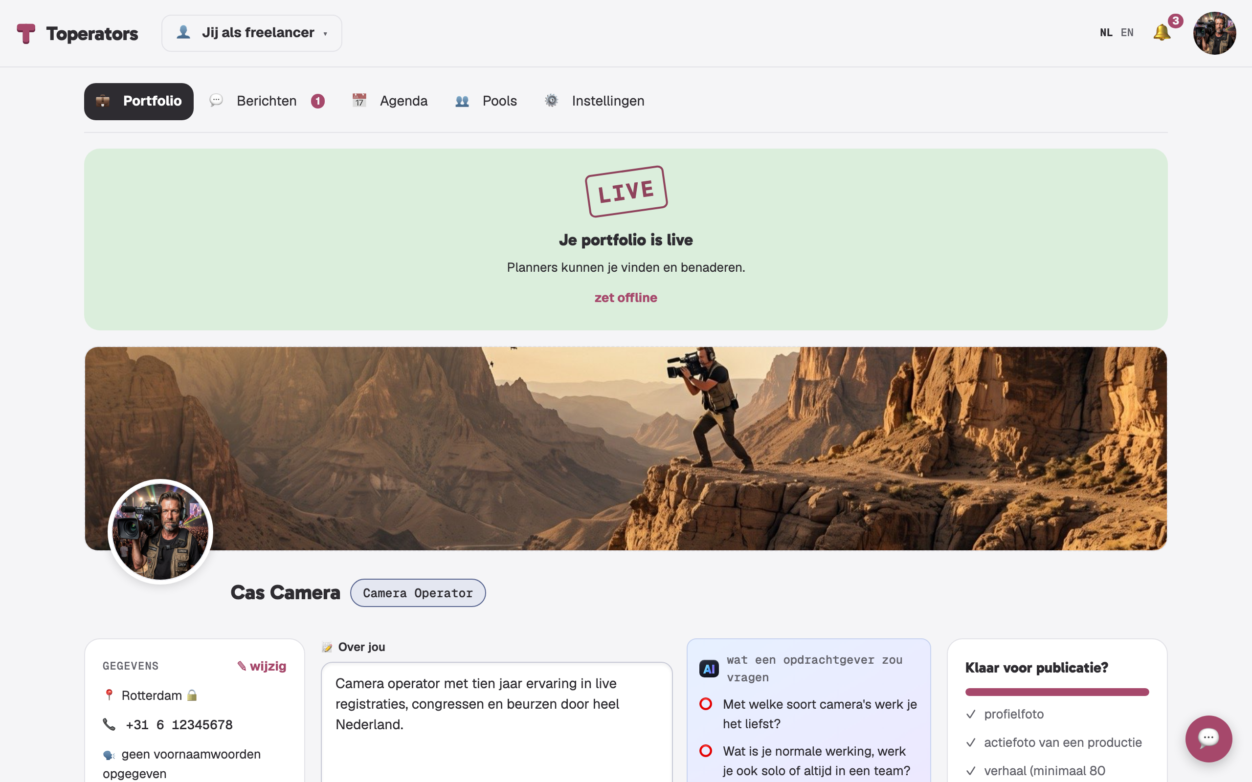 Het portfolio van een freelancer met foto, skills en verhaal